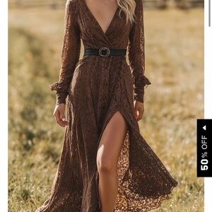 Chic Brown Lace Maxi Dress